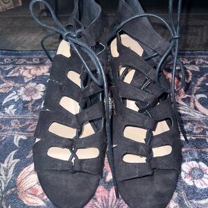 JustFab Black Lace-Up Cutout Wedge Sandals